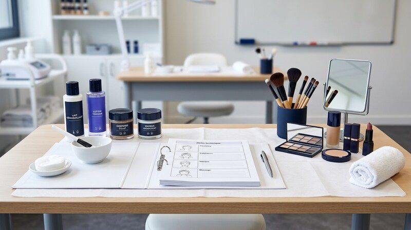 Table de travaux pratiques en institut avec produits cosmétiques, pinceaux et fiche technique préparée pour une épreuve pratique de CAP Esthétique