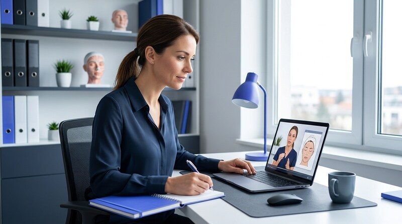 Femme concentrée devant son ordinateur portable en train de suivre un cours en ligne de CAP Esthétique depuis son bureau lumineux