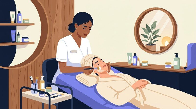 Portrait cinématique en lumière naturelle d'une femme adulte en blouse blanche d'esthéticienne pratiquant un soin du visage sur une cliente allongée dans un institut de beauté élégant aux tons ivoire et bois clair, ambiance douce et professionnelle